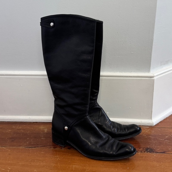 Stuart Weitzman Knee High Black Leather Riding Boots Silver sz 8 W Spain